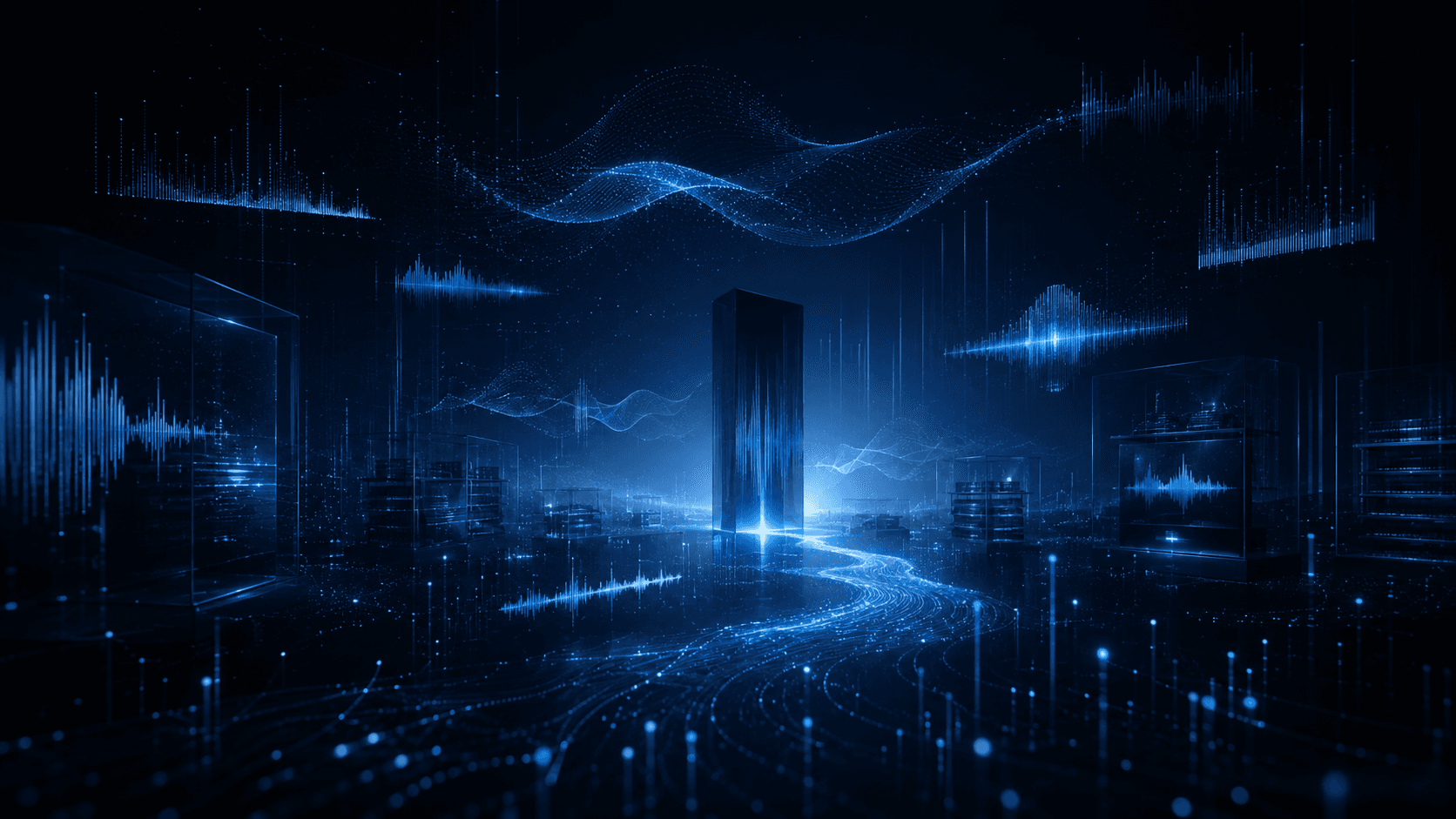 Dark digital archive room illuminated by blue waveform signals