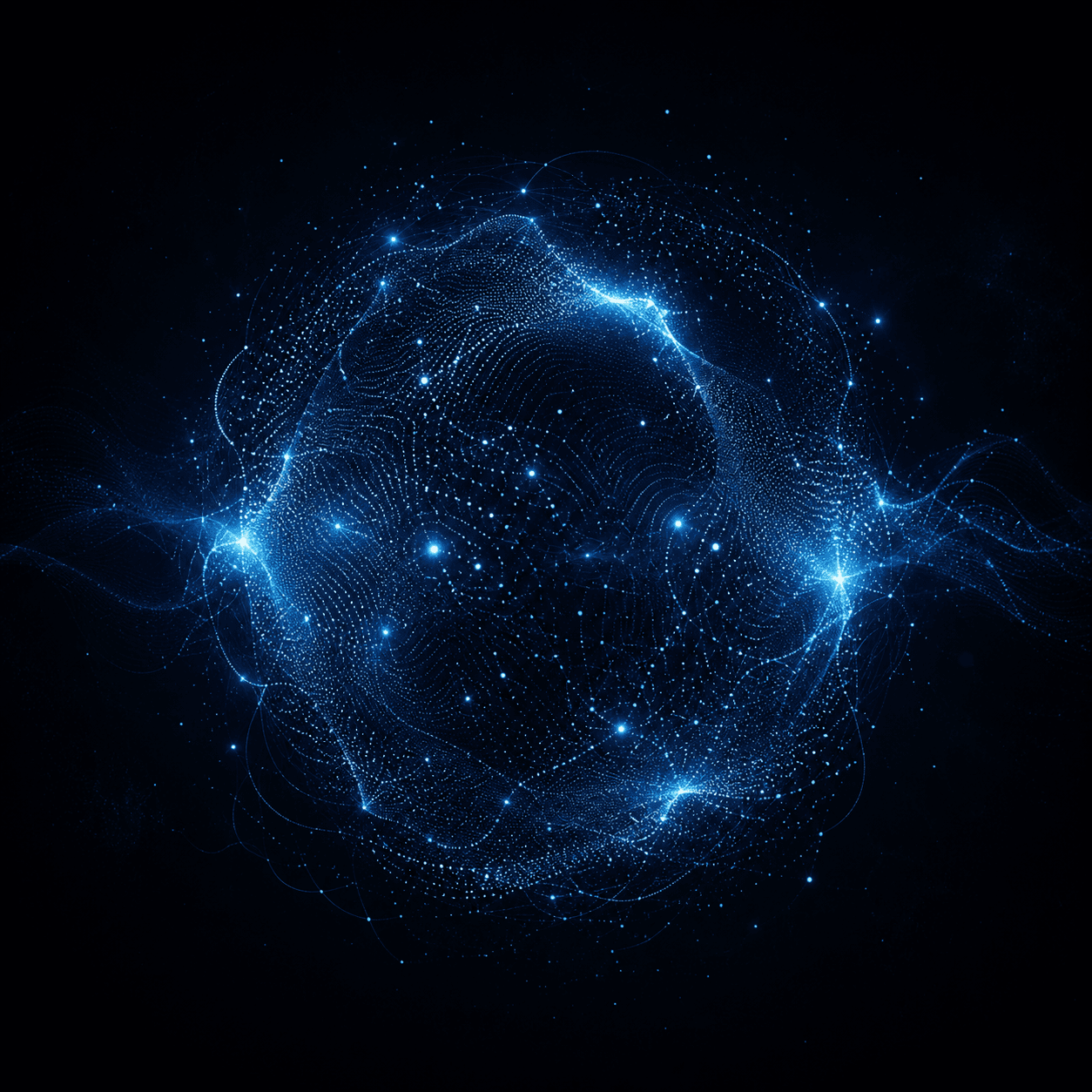 Electric blue sonic data sphere suspended in a dark archive
