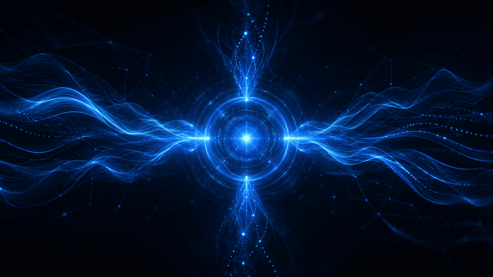 Electric blue signal node with flowing data waves
